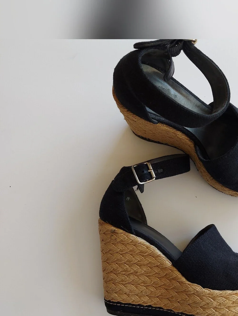 Stuart Weitzman Black Wedge Espadrille Sandals with Ankle Buckle size 6.5